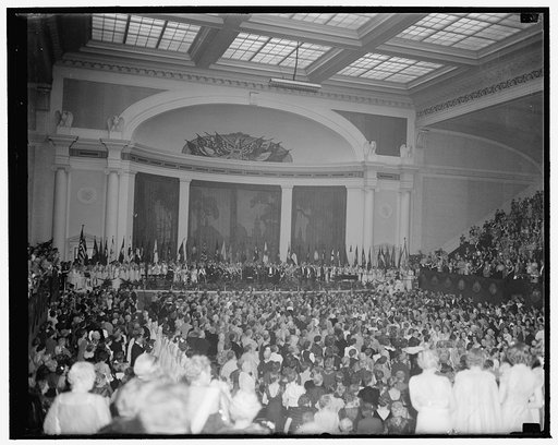 Interior of Constitution Hall as DAR opened Annual Convention. Washington, D.C., April 17. A general view of Constitution Hall as the Daughters of the American Revolution opened their annual convention tonight with National Defense as their theme