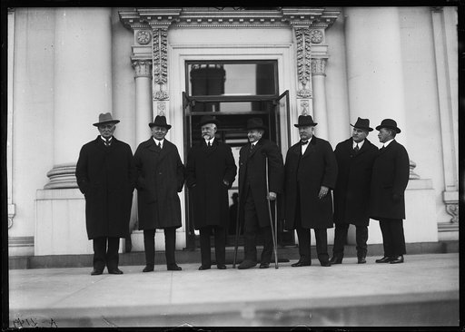 Group at White House; includes Oscar Underwood, 2nd from left; Henry Cabot Lodge, 3rd from left. Washington, D.C.
