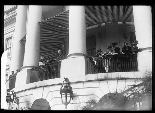 President Harding and group on porch, White House, Washington, D.C.