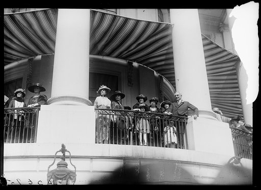 President Harding and group on porch, White House, Washington, D.C.