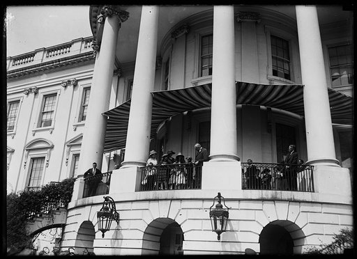 President Harding and group on porch, White House, Washington, D.C.