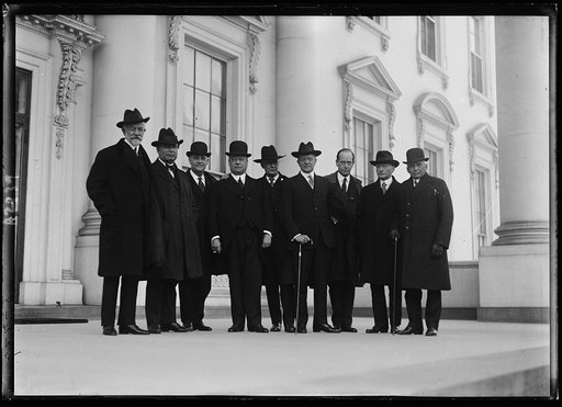 Group; Henry Cabot Lodge, left, William Borah, 2nd from left; Harry S. New, center; Frank Kellogg, right. White House, Washington, D.C.