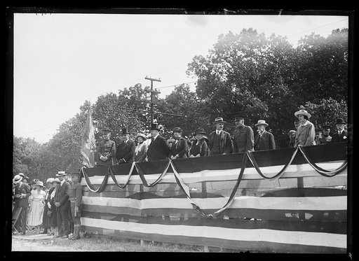 Persons in viewing stand at event at Ft. Myer, Virginia: left to right: Gen. Peyton March, Pres. Warren G. Harding, Florence Harding, Sec. of War John Weeks, Martha Weeks, Laura Wainwright, Asst. Secy. J. (Jonathan) Mayhew Wainwright, Gen. Willard Ames Holbrook, & Gen. Anson Miles
