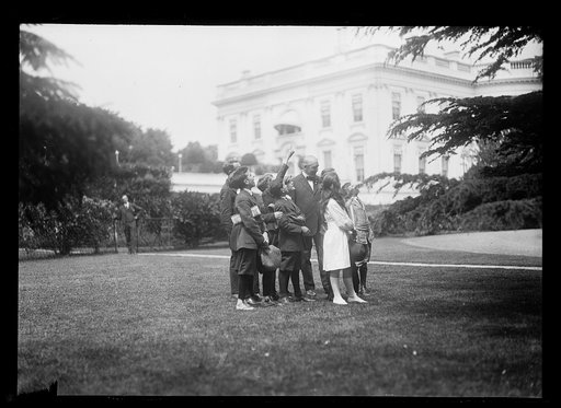 President Harding with group of children outside White House, Washington, D.C.
