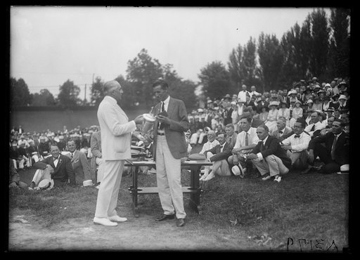 Warren Harding handing trophy to unidentified; Golf tournament?