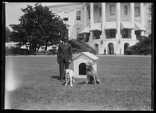 Robert R. Robinson, White House kennel master with the Harding's dog Laddie Boy on a leash, at White House, Washington, D.C.