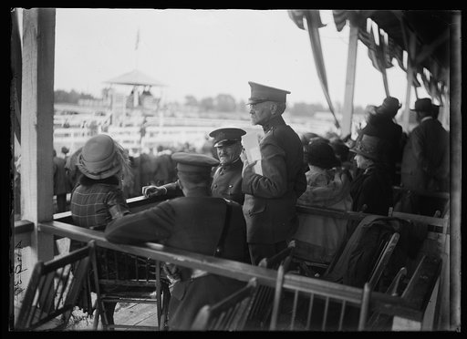 John J. Pershing and Charles E. Sawyer in stands