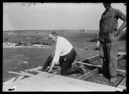 Men constructing structure during the Marine maneuvers at Wilderness Battlefield, Virginia, Oct. 1921