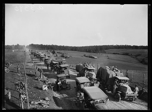 Cars on a road during the Marine maneuvers at Wilderness Battlefield, Virginia, Oct. 1921