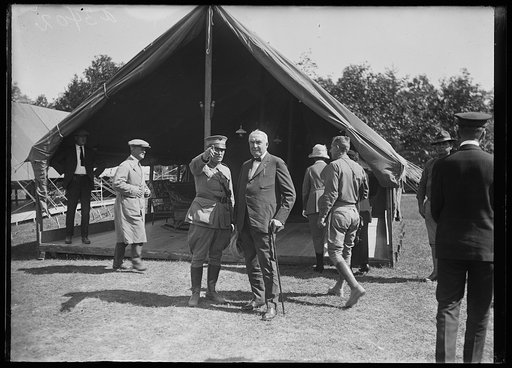 President Warren Harding speaking with General John Lejeune during the Marine maneuvers at Wilderness Battlefield, Virginia, Oct. 1921 