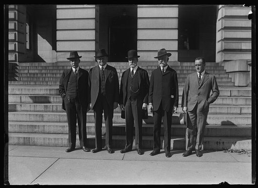 Group, l to r: Elihu Root, Oscar Underwoodk Charles Evans Hughes, and Henry Cabot Lodge, and unidentified