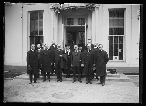 Bur. of Engraving and Printing Executives who waited on Pres. Harding. They left without seeing the Pres. A letter was received later by John J. Deviny from the Pres. Secy. expressing regret that the Pres. was out when they called, but it did not clear the clouded conditions surrounding the dismsall
