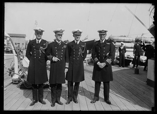 British Naval officers in D.C. Left to right: Lt. Curzon Howe, Adm. Sir Wm. C. Palenham, Commander of the Fleet, Capt. S.R. Bailey, Naval Attache of the British Embassy, and Capt. A.R. Bromley, Commander of the Raleigh