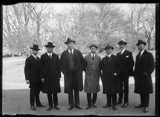 Several Congressmen called on Pres. Harding in regard to the Smith McNery Reclamation Bill now before Congress. Left to right: Burton L. French, Idaho; Wm. William, S.D.; N.J. Sinnott, Oregon; Phil D. Swing, Calif.; A.R. Smith, Idaho; S.S. Arentz, Nev.; and L.H. Hadley, Wash.