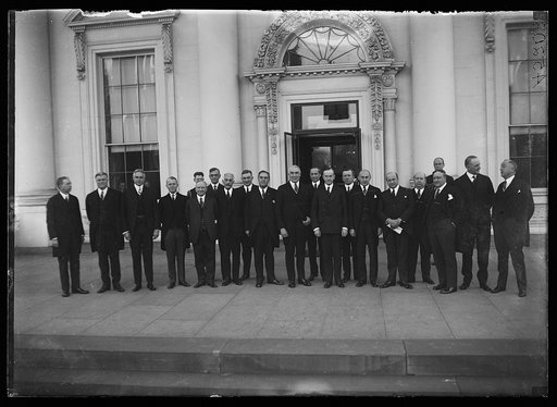 Governors and Cabinet officers on steps of White House with Pres. Harding following luncheon and discussion of the liquor situation. "Tighten up don't loosen up" was the verdict on prohibition