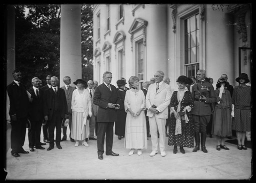 President and Mrs. Harding and group outside White House, Washington, D.C.