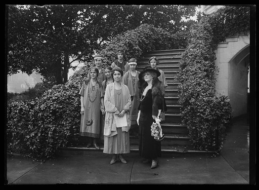 Grace Coolidge and group at steps. White House, Washington, D.C.