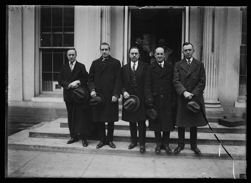 Want a conference to discuss ways and means to end radio interference. Lft. to rt.: R. Walter Howrym, Geo. Burghardt, John V. Higan, John Shepard, Paul Godley