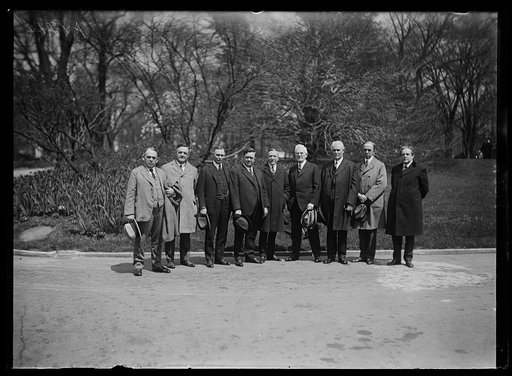 Members of Ill. congressional delegation who urged Pres. Coolidge to appoint Rep. Wm. J. Graham for Judge of Court of Appeals for D.C. to succeed the late C.H. Smyth. Left to rt.: E.J. King, F.H. Funk, W.E. Hull, W.P. Holaday, Fred A. Britten, Martin B. Madden, E.W. Sproul, Morton D. Hull, and Richa
