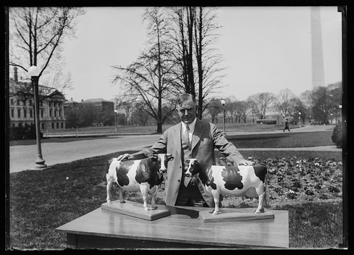 Henry C. Wallace, center, with unidentified and cow figures; Washington Monument in background. Washington, D.C.