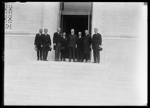 Pres. Coolidge on steps of Fine Arts bldg. where he spoke at dedication of bldg. by the Nat'l Academy of Sciences