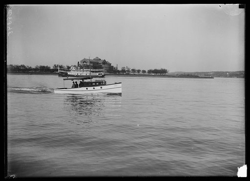 Boat on Potomac River; Roosevelt Hall, Fort McNair in background, Washington, D.C.