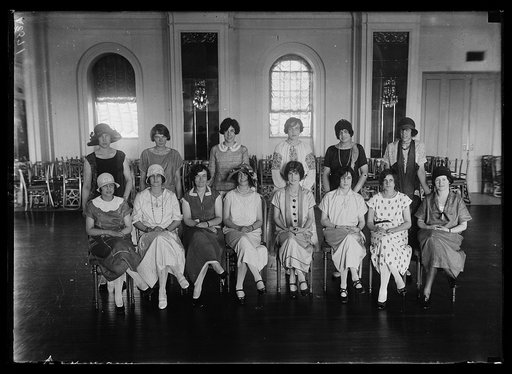 30 Wash. debutantes are rehearsing for a miniature revue to be given at Keith's Theatre, Wash., for the benefit of "Roxie's" radio fund for the soldiers. The revue will be known as "Keith's Summer Follies." Here are a few of the society girls rehearsing seated: left to rt.: Doris Wagner, Cecil Jones