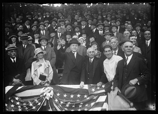 President Coolidge at baseball game; Front row, left to right: Andrew W. Mellon, Grace Coolidge, President Coolidge, Frank Kellogg; John G. Sargent, 2nd row, right 