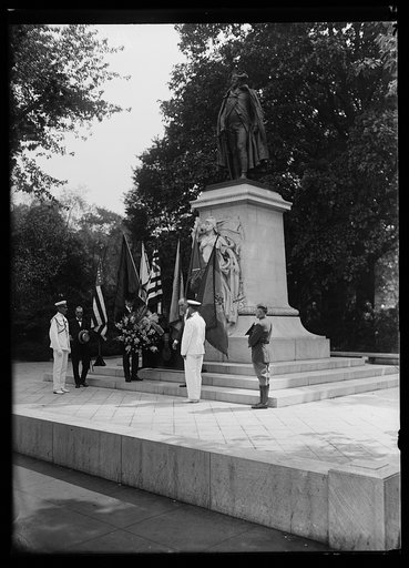 Group placing flowers at statue of Commodore John Barry, Washington, D.C.