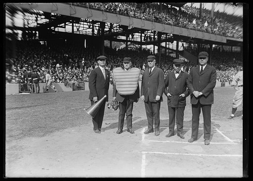 Umpires for the World Series of 1924 lined up before the game with Geo. Phillips, left, official announcer. L. to rt.: Phillips, Umpires Dineen, Klem, Quigley, and Connolly
