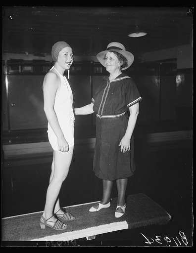 Shocking bathing costumes. Washington, D.C., Aug. 25. How times have changed! Mrs. Harvey W. Wiley, widow of the author of the Pure Food Act, displaying the shocking bathing costume of 1895 while Marjorie Gunnels wears the sensible one of 1936. They will model in the "Gay Nineties" parade which will