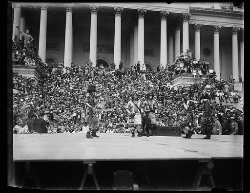 The cries of the Hopi Indians as they danced into their historic Snake Dance echoed through the United States Capitol grounds, May 15, when selected members of their tribe staged a genuine sure-enough ol-time dance for members of congress. The dance was planned by Senator Cameron of Arizona in an ef