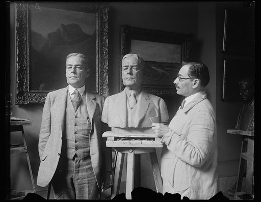 Former Senator posing for bust. Robert L. Owen, former United States Senator from Oklahoma, whole likeness is being made into a marble by Moses Dykaar, noted Russian sculptor, in Washington