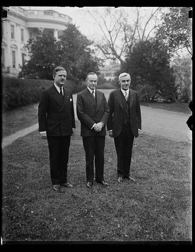 Calvin Coolidge, center; outside White House, Washington, D.C.