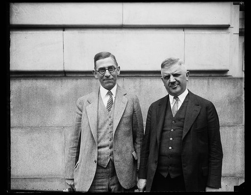 Prominent at slush inquiry. Harry Baker, former Republican State Chairman of Pennsylvania and Vare Manager, (left) and Edward E. Beidleman, Vare's ally running for the gubernatorial nomination, who were questioned about the financial arrangements made in the formation of the Vare-Beidleman coalition