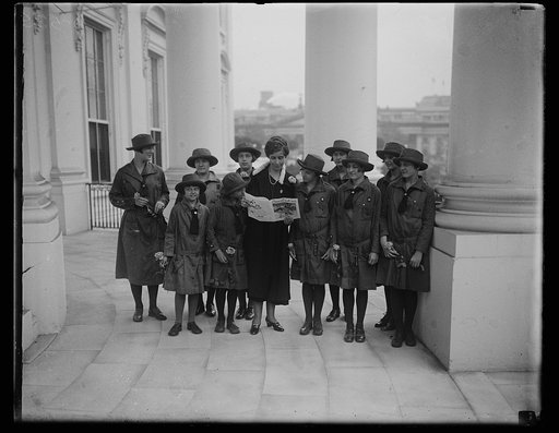 Mrs. Coolidge and group of scouts on White House porch, Washington, D.C.