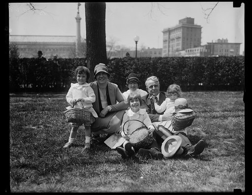 Secretary of Labor and family attend Easter Egg rolling on White House grounds. The Secretary of Labor and Mrs. James J. Davis were on hand early today to help their youngsters to roll their Easter eggs on the White House lawn. In the group can be seen Joan; Mrs. Davis; Jane; Secretary Davis and Jan
