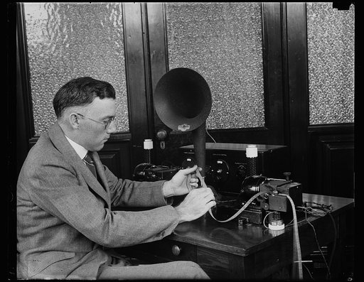 Aviators can now receive weather forecasts while in air. An exclusive photograph of the radio equipment just installed in the Weather Bureau, Washington, for broadcasting weather forecasts directly to aviators in flight. Information on rain, storm, sleet and snow is transmitted one hour earlier than