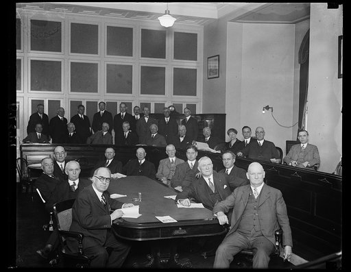 House Committee on Committees meets to consider abolishment of Navy House Committees. This is probably the first picture to be made of the House committee on Committees who met today to consider the abolishment of fifteen standing committees of the House of Representatives in the interest of the eco