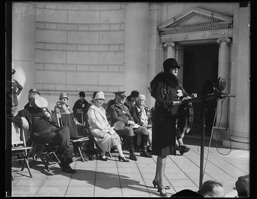 Mrs. Peter Goelet Gerry, wife of the United States Senator and President of the Congressional Club, delivering the address of welcome to the American War Mothers and the Gold Star Mothers when they gathered at Arlington National Cemetery today, Mother's Day, to pay homage to America's Unknown Soldie