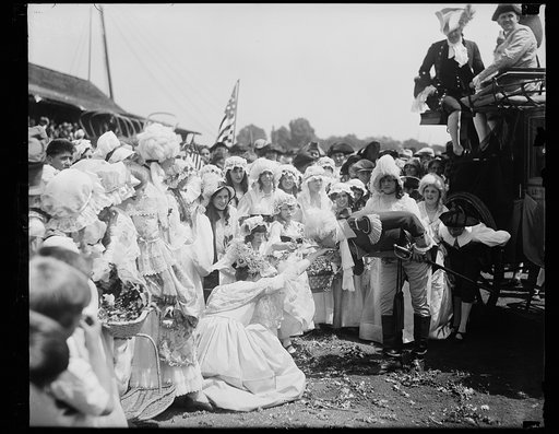 Gen. Lafayette again arrives in America. The Marquis de La Fayette, impersonated by John McGrath, kisses the hands of the flower children who greeted him as in colonial days when he arrived in Annapolis, Md., on his way to join Washington's forces at Yorktown. The scene was portrayed in Annapolis, M