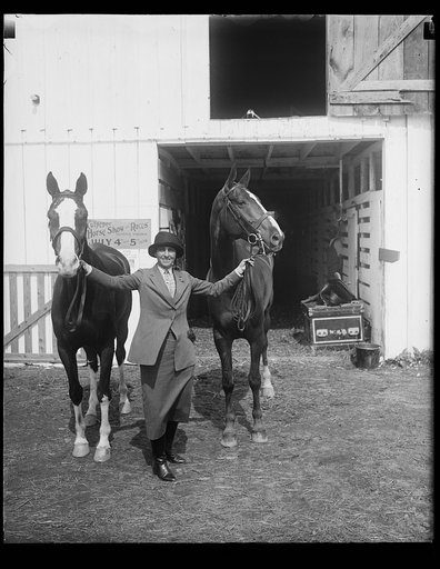 Wife of New York department store magnate captures first and second prizes at Washington Horse Show. Mrs. Bernard Gimbel, wife of the New York department store magnate, and her horses Capt. Doane (left) and welcome with with whom she captured first and second prizes in the Ladies Hunters class at th