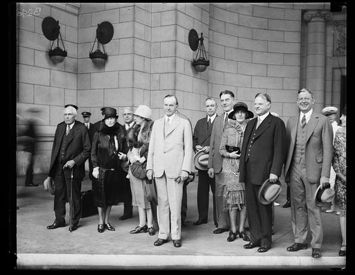 Group at Union Station; includes Frank Kellogg, Calvin Coolidge, Hubert Work, Curtis Wilbur, Herbert Hoover, and Dwight Davis. Washington, D.C.