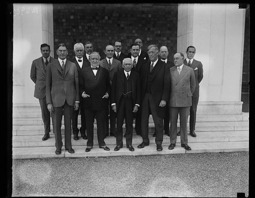 Group, includes Curtis Wilbur, front left; William F. Whiting, 3rd from left; and Frank Kellogg, front center, and John G. Sargent, 3rd from right