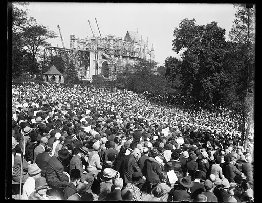 Crowd in front of National Cathedral under construction, Washington, D.C.