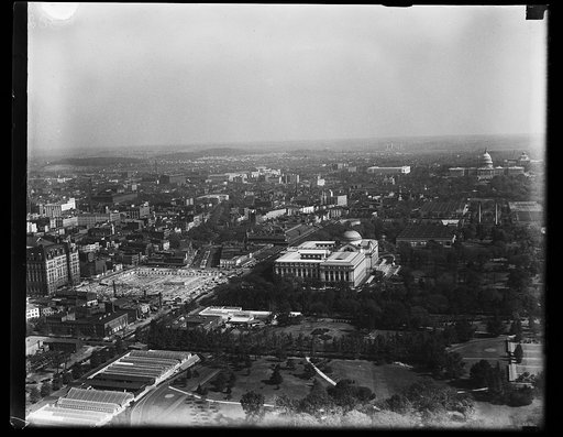 Aerial view of Washington, D.C., looking east toward U.S. Capitol