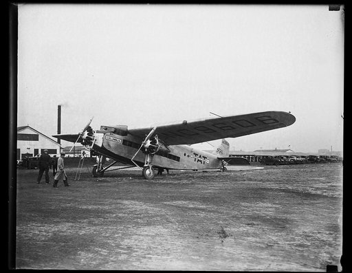 The first plane of the new transcontinental air line, of which Col. Lindbergh is one of the organizers photographed at Boiling Fields today. It is named The Columbus