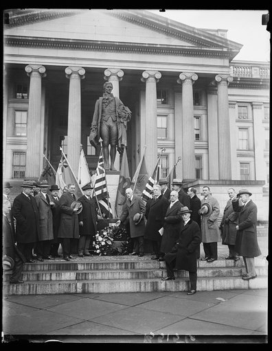 Secretary of Treasury Mellon pays honor to Uncle Sam's first Secretary of Treasury. Secretary of the Treasury Andrew Mellon placing a wreath at the base of the statue of Alexander Hamilton to celebrate the 172nd anniversary of the birth of the first Secretary of the Treasury of the United States. Th