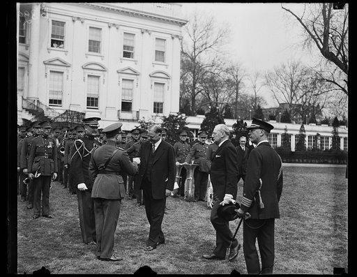 Herbert Hoover and military band outside White House, Washington, D.C.