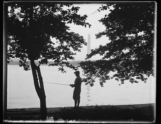 Silhouette of man fishing; Washington Monument in background
